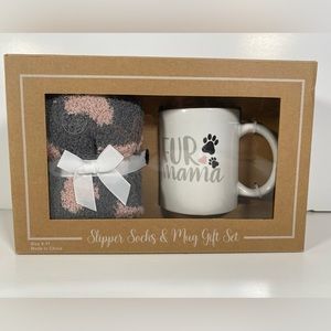 Fur Mama Coffee Cup and Fuzzy Gray and Pink Socks for Dog Owner Gift Set